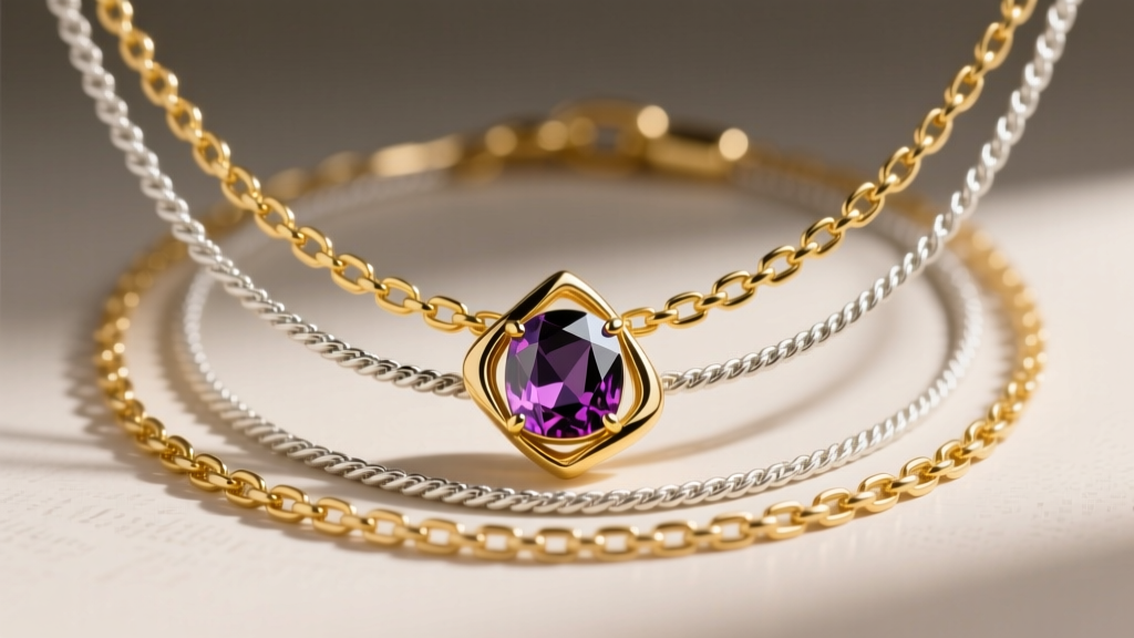 Layered necklace featuring an 18k yellow gold box chain and 14k white gold rope chain, highlighting an asymmetrical gemstone charm.