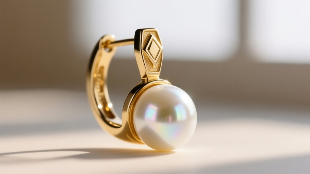 Macro shot of a 16-gauge gold hoop earring clasp holding a spherical white Akoya pearl with intense mirror-like luster.
