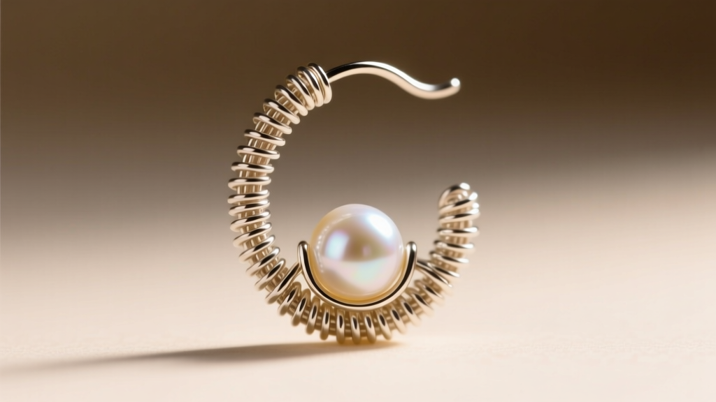 Extreme close-up of a finished wrapped loop on a wire beaded earring, showing tight, even coils securing a small freshwater pearl.