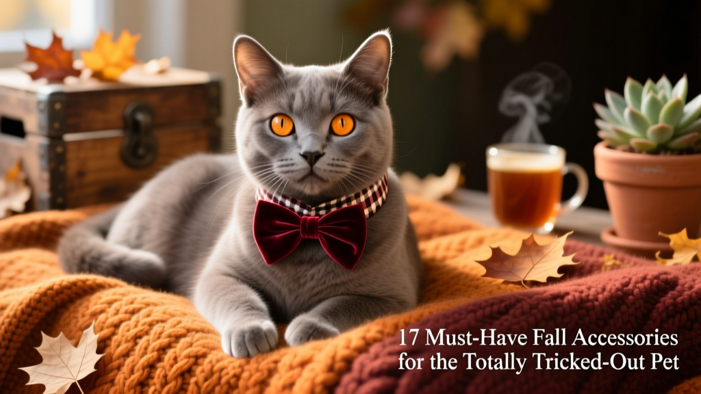 Close-up of a cat wearing a burgundy velvet bowtie and a matching buffalo plaid collar, resting on a knitted autumn-themed blanket
