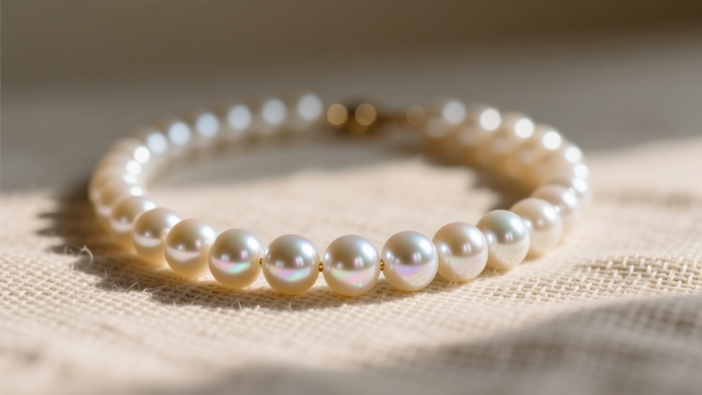 Macro shot of a freshwater pearl necklace with beads showing high luster, draped over raw linen fabric in warm natural daylight