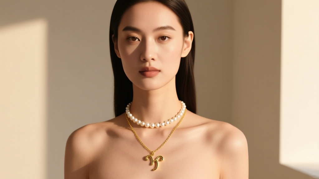 Model wearing a 10mm Aries zodiac charm necklace on a 16-inch gold chain layered with a pearl choker in warm soft studio lighting.