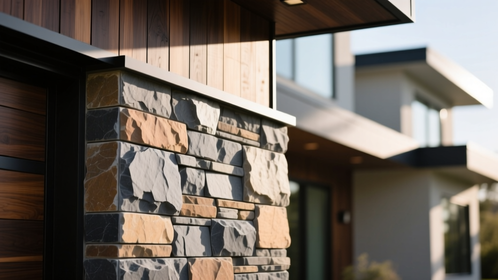 Close-up of Eldorado manufactured stone veneer in the Fieldledge profile installed on a modern exterior home facade with dark wood accents