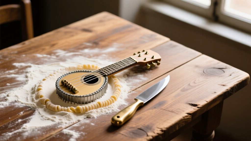 Overhead shot of rustic wooden table dusted with semolina flour featuring a wire chitarra pasta cutter and a brass mezzaluna