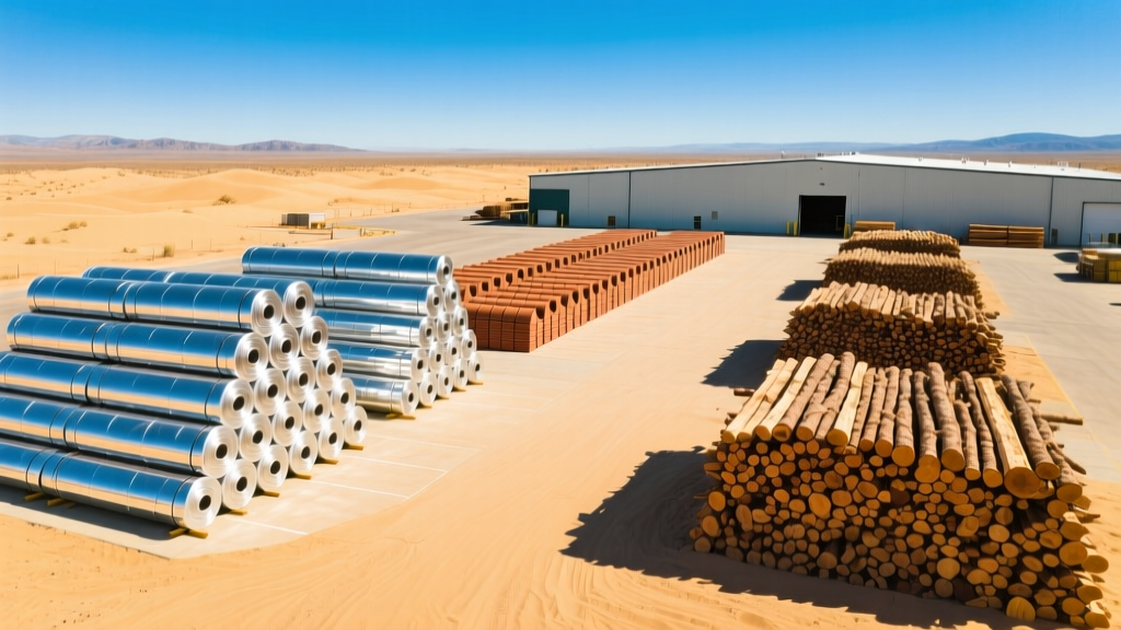 Aerial view of a massive building materials supply yard in Henderson Nevada featuring stacks of reflective TPO roofing rolls, clay tiles, and lumber under bright desert sun