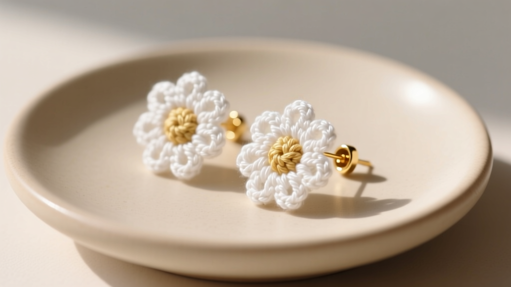 White cotton micro crochet daisy earrings on beige ceramic, soft lighting showing tiny thread loops and 14k gold posts.