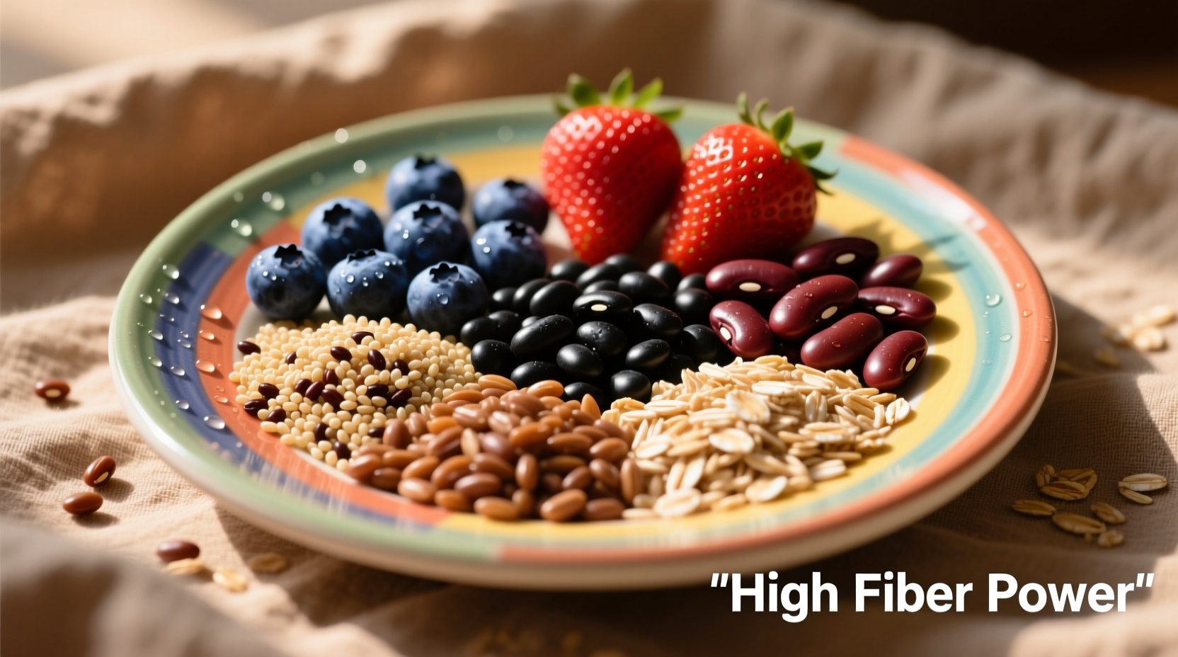Colorful plate of high-fiber foods including berries, beans, and whole grains
