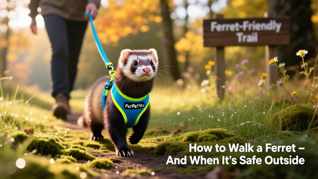 A ferret walking confidently on a grassy path beside its owner, wearing a bright-colored FurPetVo harness and leash