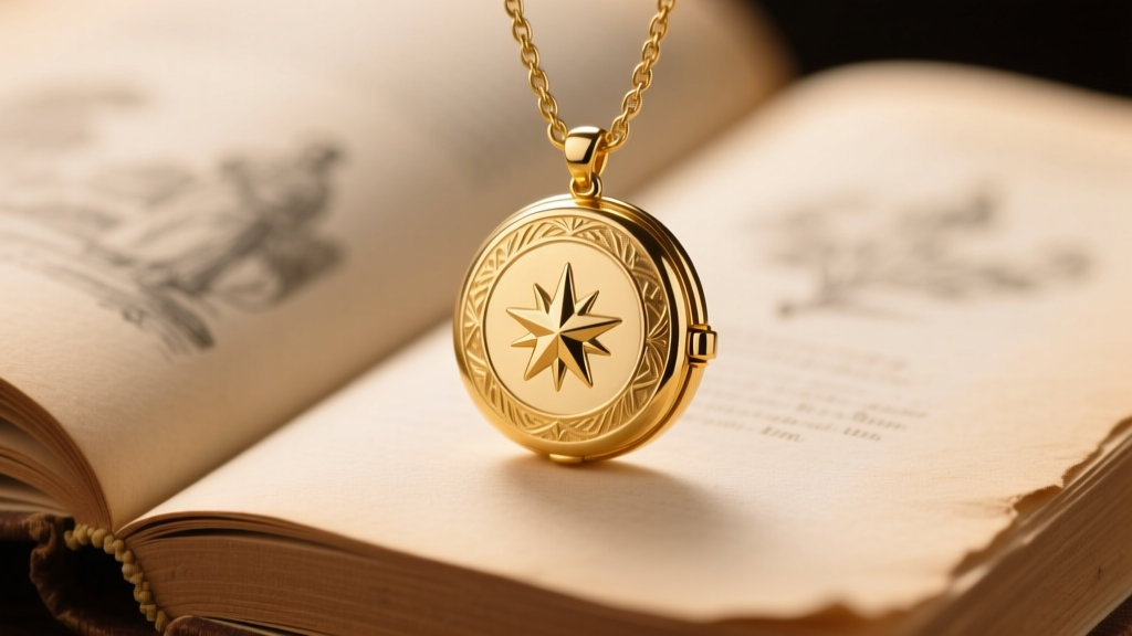 Close-up of a 14k gold vermeil book locket pendant engraved with a star, resting on an open vintage storybook in warm light