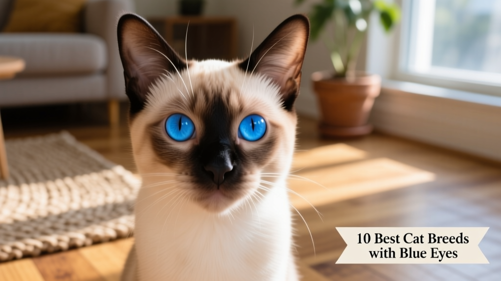 Close-up of a Siamese cat’s vivid blue eyes against its light-colored face