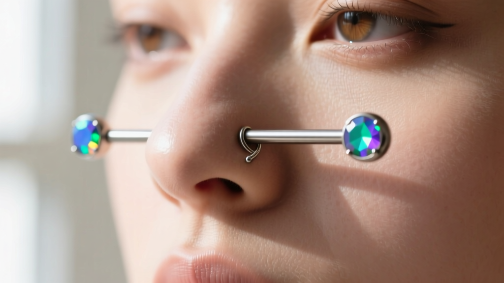 Front portrait showing a threadless nose bridge piercing with a seamless titanium straight barbell and vibrant opal inlay ends