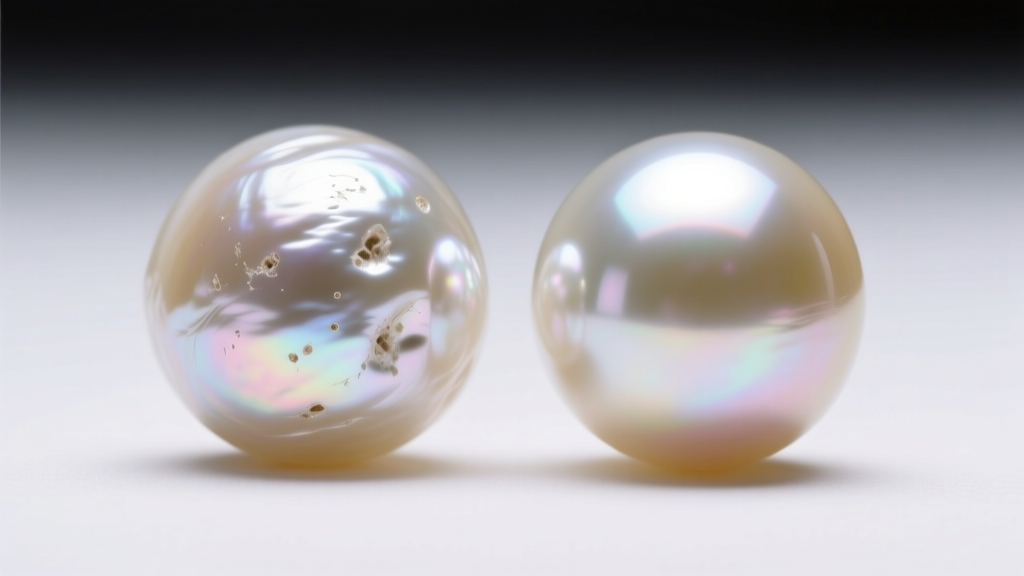 Macro shot of a blemished freshwater pearl beside a flawless AAA Akoya pearl, showing surface details under soft studio lighting.