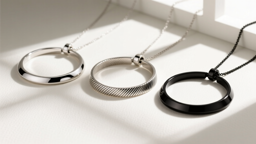 Flat lay comparing three Jackson dart necklace materials: polished sterling silver, brushed titanium, and PVD-coated black steel.