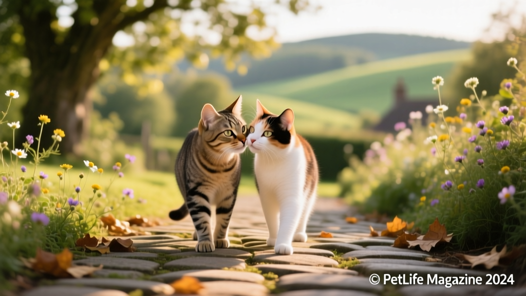 Two cats walking side by side, nuzzling one another