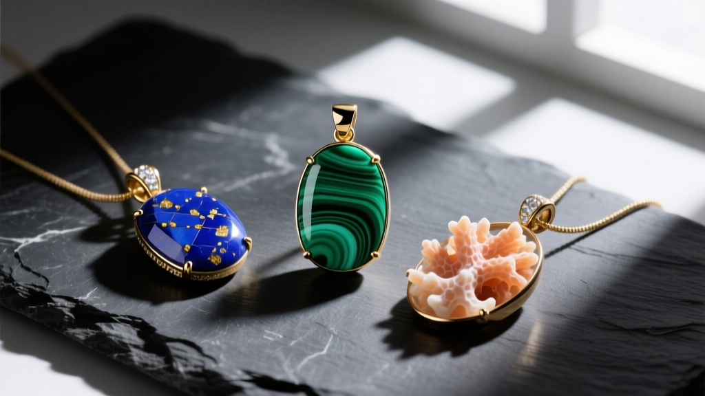 Three Anthony Nak gemstone pendants featuring lapis lazuli, malachite, and coral, laid out flat on a raw, dark slate surface.