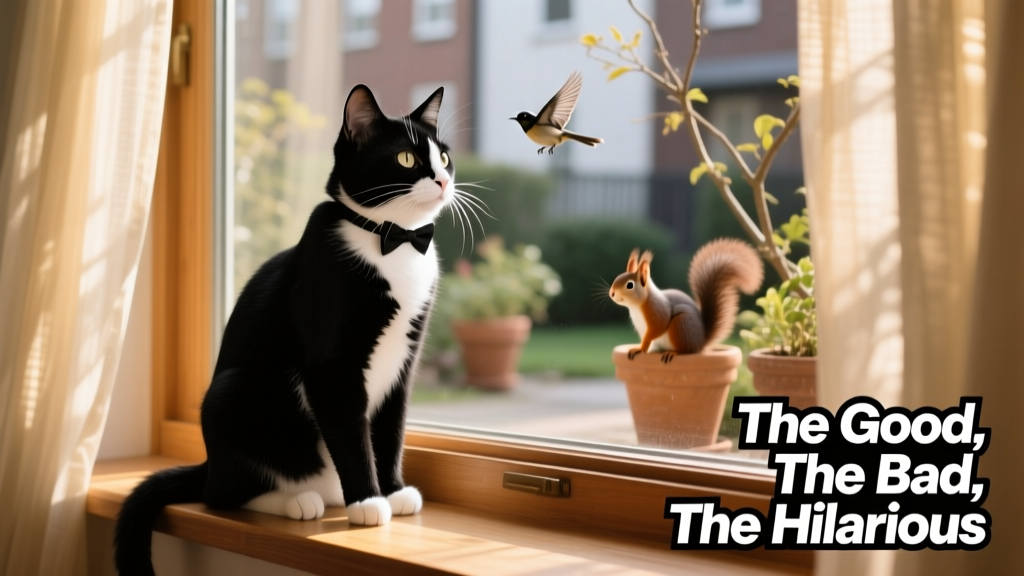 Cat sitting upright on a windowsill, alert and focused on something outside