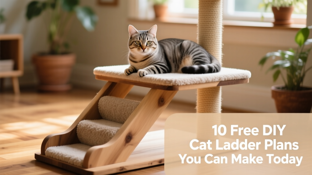Close-up of a tiered platform ladder showing soft carpeted surfaces, smooth ramps, and a relaxed senior cat resting mid-level