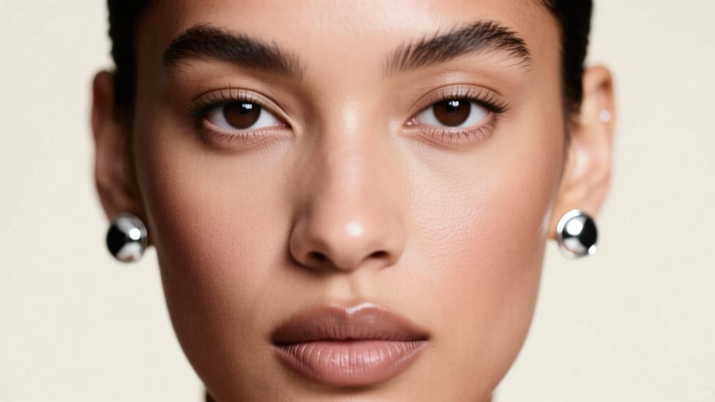 Close-up of model wearing polished 10mm sterling silver disc studs, soft studio lighting highlighting the mirror finish.