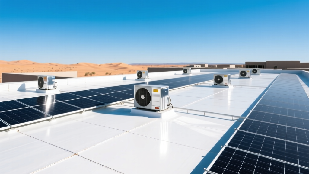 Commercial rooftop with white TPO membrane roofing, reflective HVAC units, and solar panels under a bright, clear desert sky