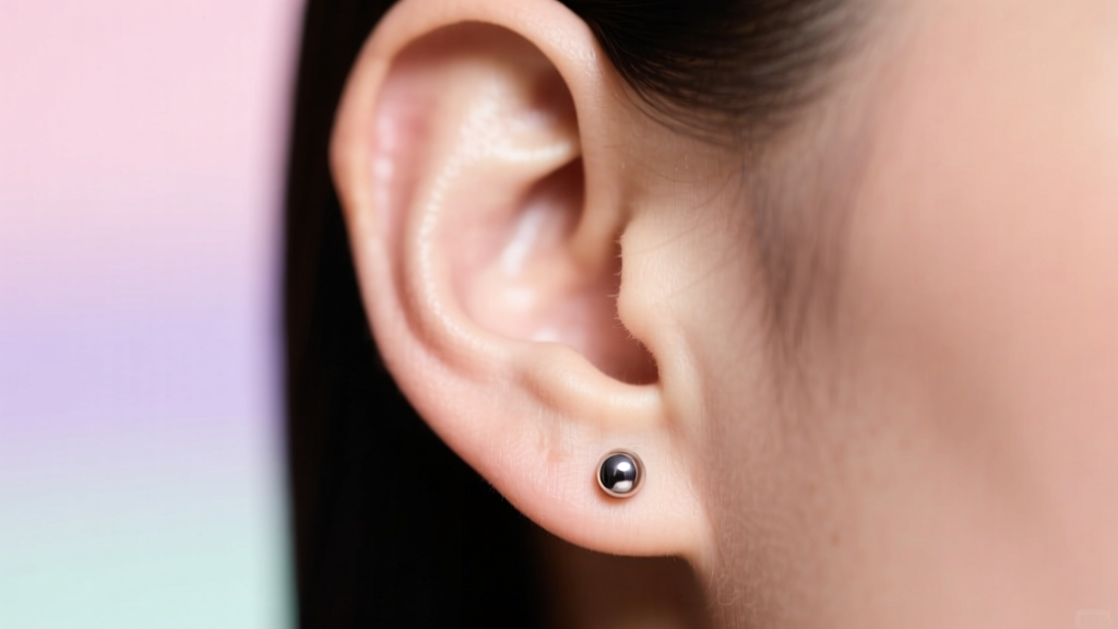 Close-up of a healthy earlobe piercing with a titanium stud, softly lit against a blurred pastel background showing clear skin.