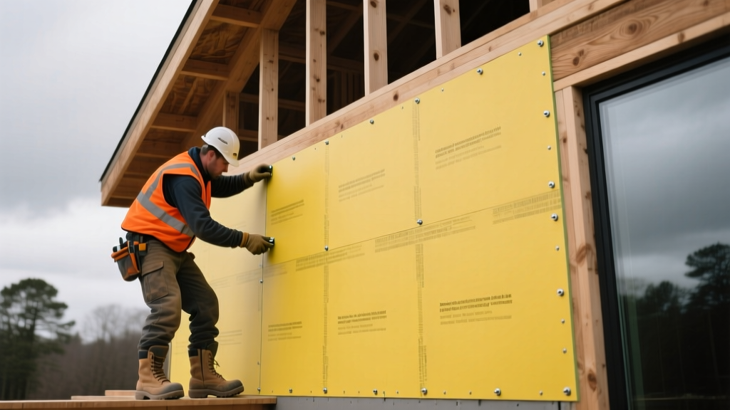 Construction worker fastening yellow glass-mat outdoor gypsum board sheathing onto exterior wood framing under cloudy skies
