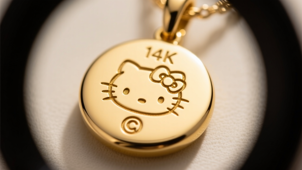 Close-up of a laser-engraved 14K and Sanrio copyright hallmark on the back of a gold pendant, captured through a 10x jeweler's loupe.