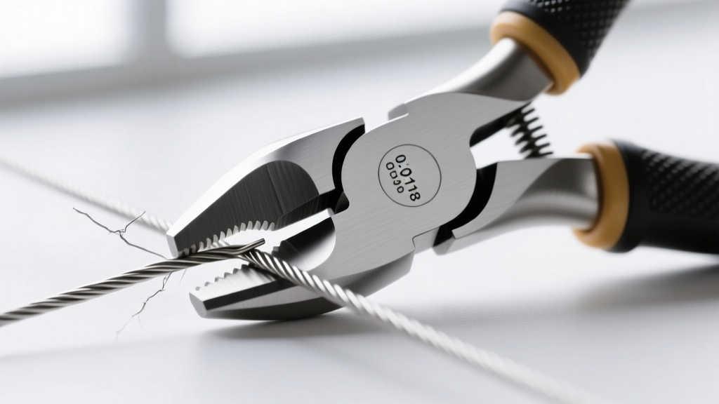 Macro shot of steel flush cutters snipping 0.018-inch stainless beading wire, showing a clean, flat cut edge on the metal.