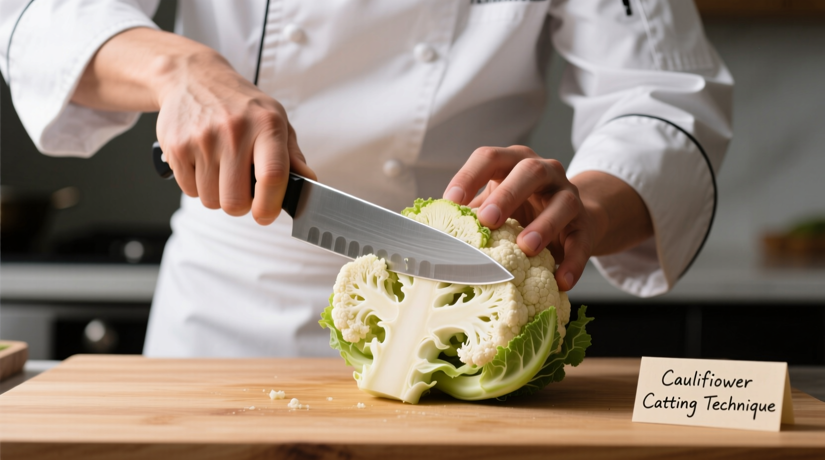 Chef demonstrating proper cauliflower cutting technique