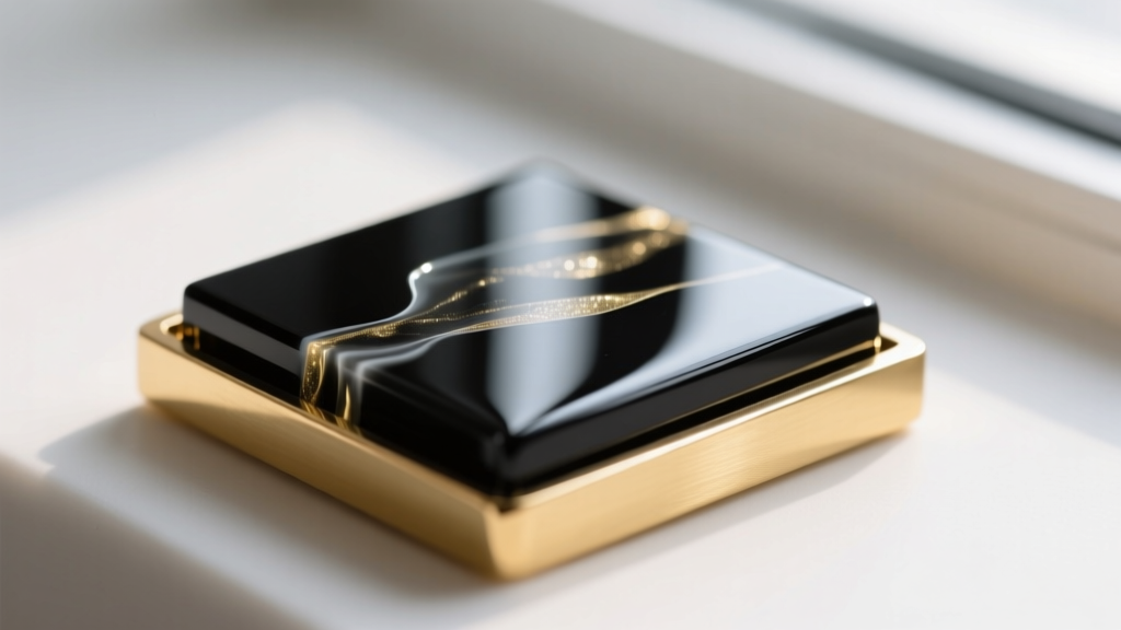 Close-up of a black epoxy resin inlay inside a gold-plated brass bezel, showing the smooth, glass-like finish and crisp edges.