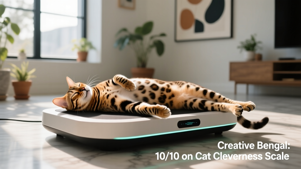 A sleek Bengal cat lying belly-up on a humming vibration plate, eyes closed in apparent relaxation