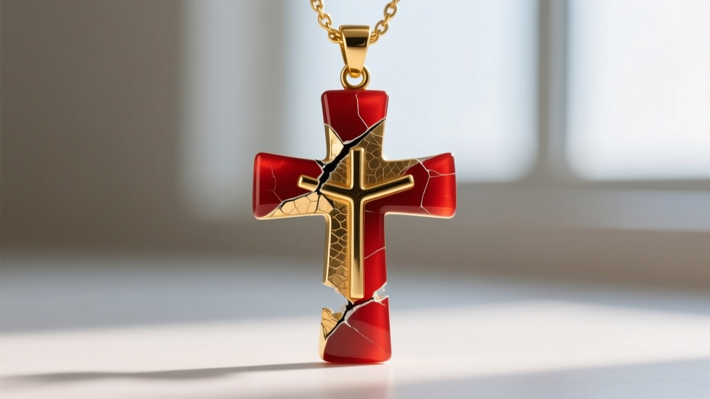 Macro photography showing chipped red epoxy resin on a gold-plated Methodist cross pendant flame, revealing the brass base metal