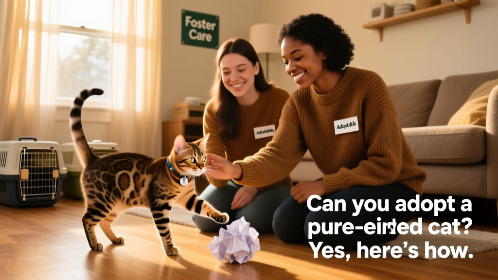 Two volunteers smiling while playing with a playful Bengal cat in a sunlit foster living room