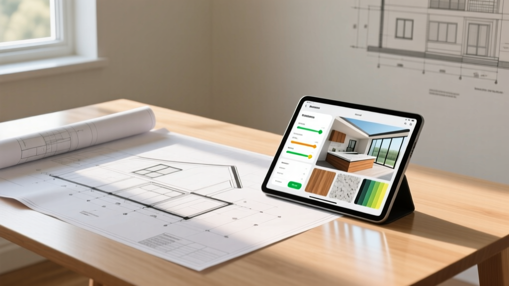 Architectural blueprints spread across a wooden table next to a digital tablet displaying a 3D home cost calculator and material samples