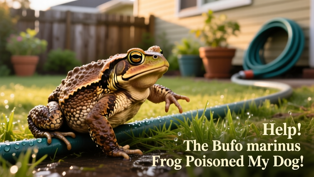 A large, warty brown cane toad sitting on damp grass near a garden hose