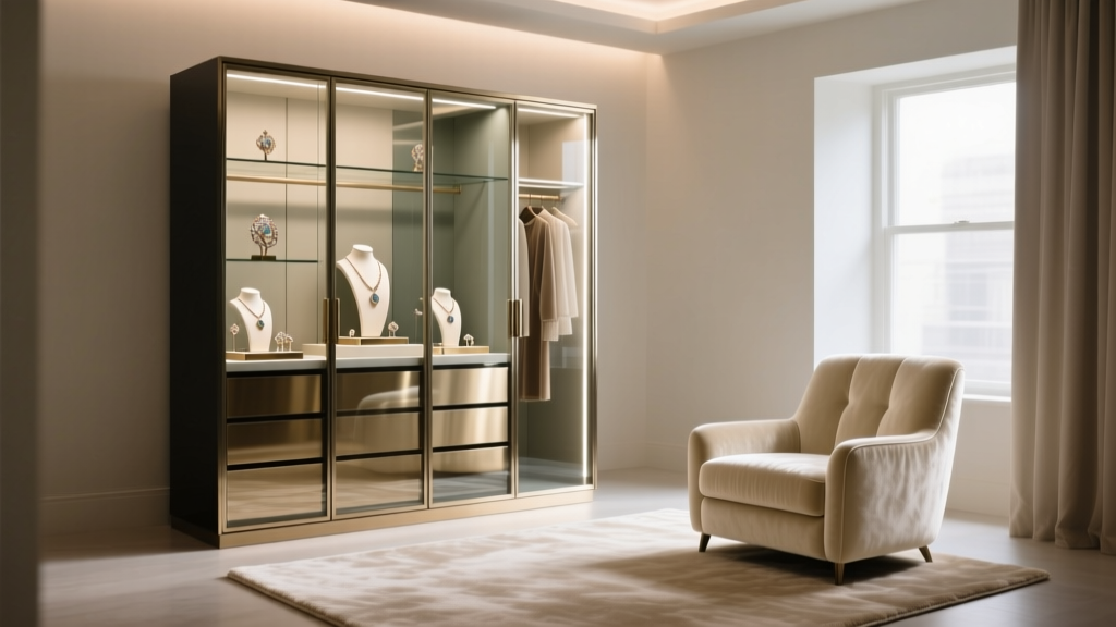 Minimalist dressing room featuring a gallery-lit museum thomas series jewelry armoire beside a cream velvet lounge chair and rug.
