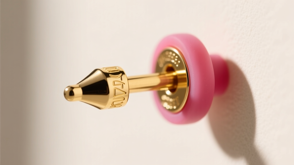 Macro shot of a heavy 16-gauge gold earring post with a wide silicone earlobe support stopper attached, bright and clear focus.