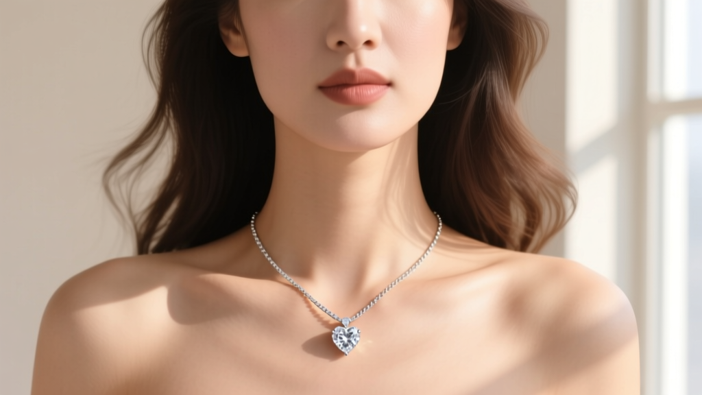 Woman wearing a 1 carat diamond heart necklace with a 16-inch cable chain, resting perfectly on her collarbone in soft sunlight.