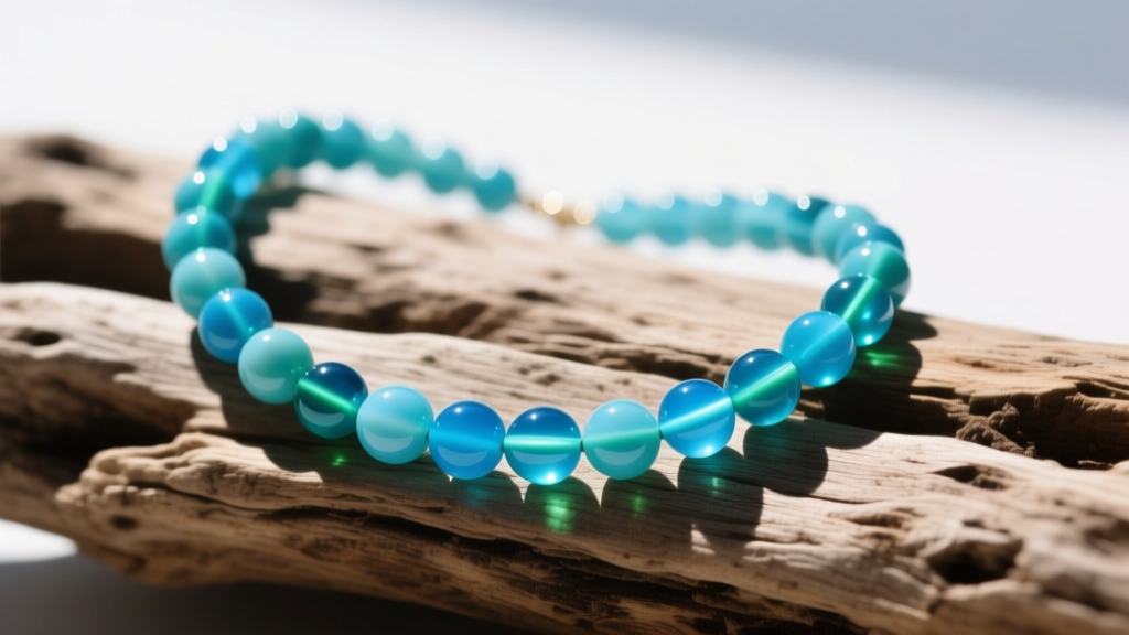 Sky-blue Sleeping Beauty turquoise bead necklace on driftwood, featuring uniform 8mm round beads under bright sunlight.