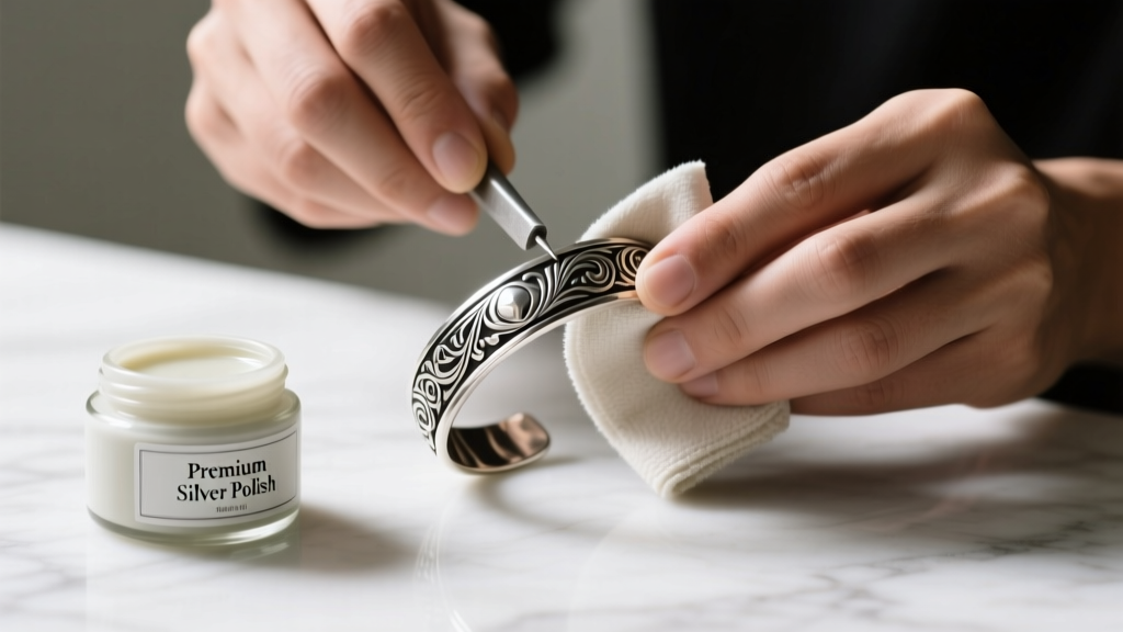 Hands polishing a vintage 925 sterling silver cuff bracelet with a microfiber cloth beside a small jar of professional polish