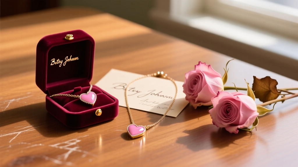 Pink Betsey Johnson heart necklace resting beside a velvet box, a handwritten note, and dried pink roses on a wooden desk.