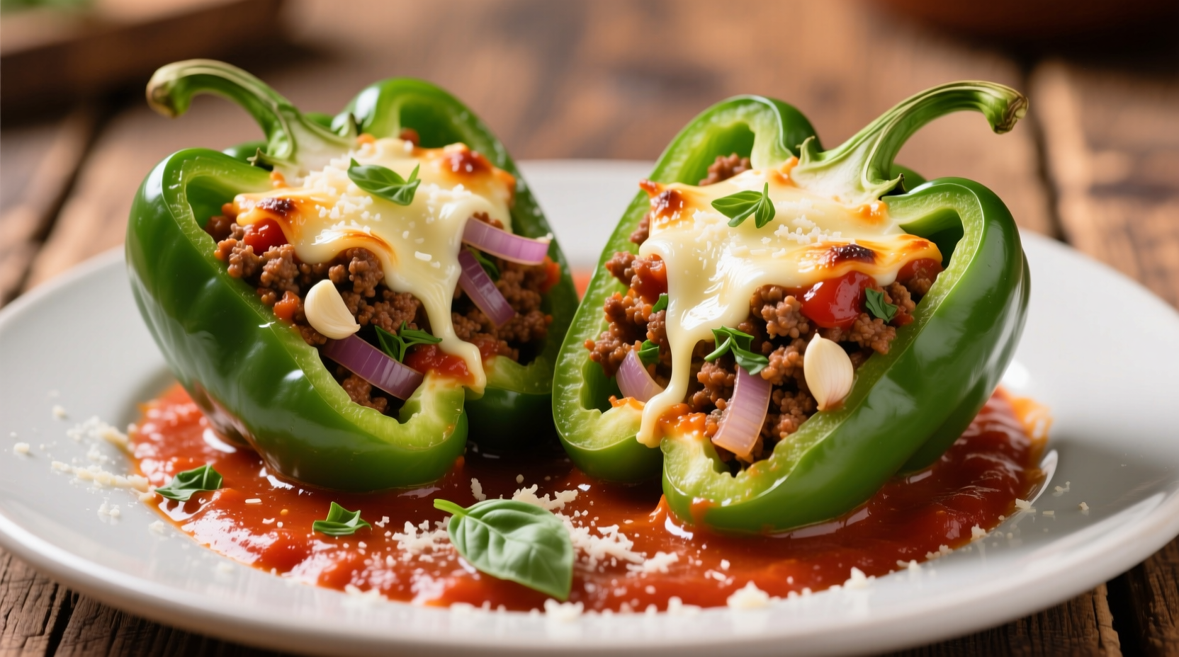 Baked stuffed green peppers with tomato sauce