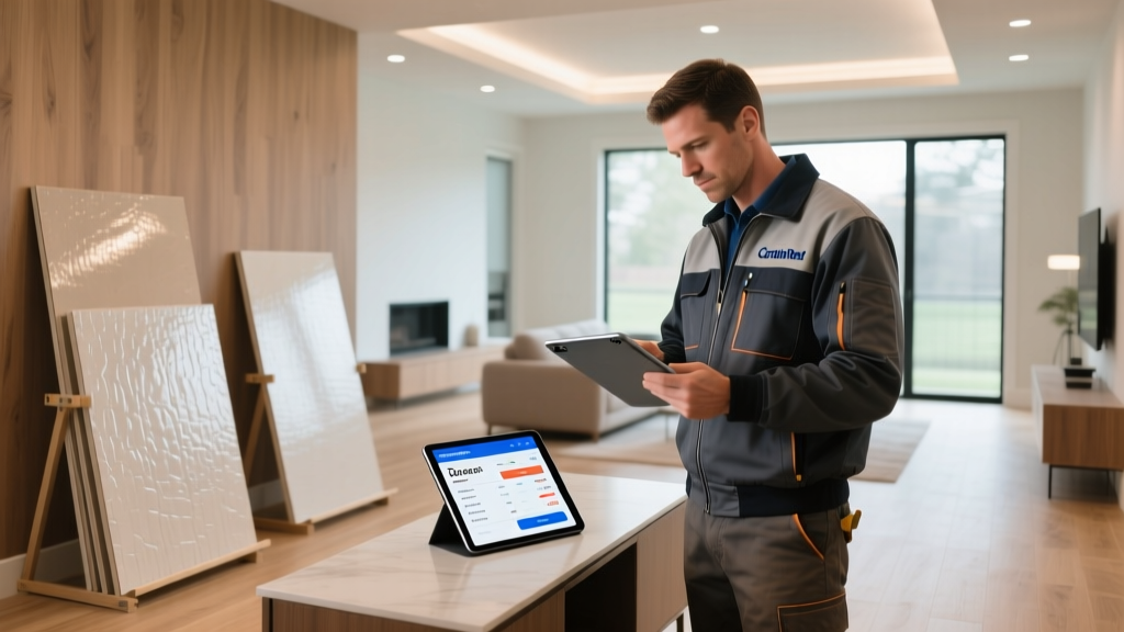 Contractor reviewing CertainTeed drywall sheets and digital pricing estimates on a tablet inside a framed residential interior