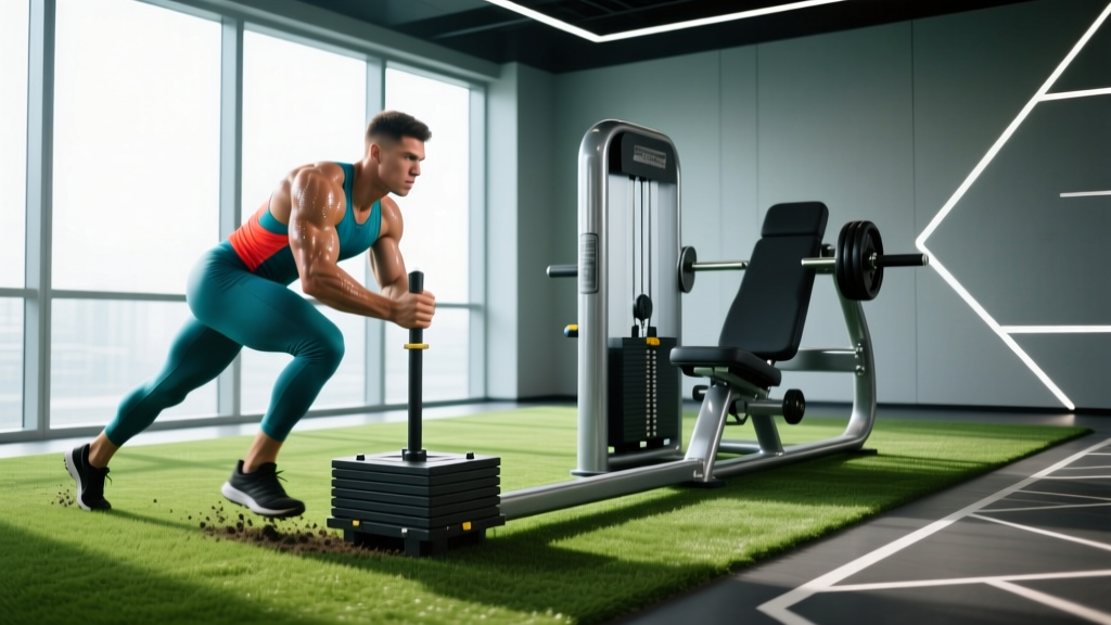 Athlete pushing a heavy prowler sled on turf next to a seated horizontal leg press machine in a modern 2026 gym