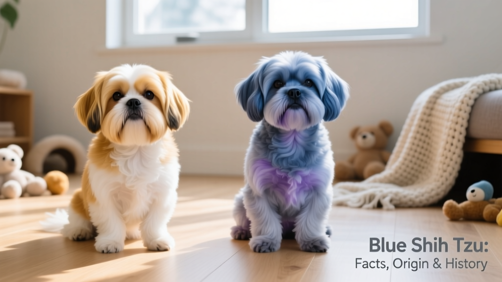 Side-by-side comparison showing a classic gold-and-white Shih Tzu next to a blue Shih Tzu, highlighting the cool, silvery tone of the blue coat
