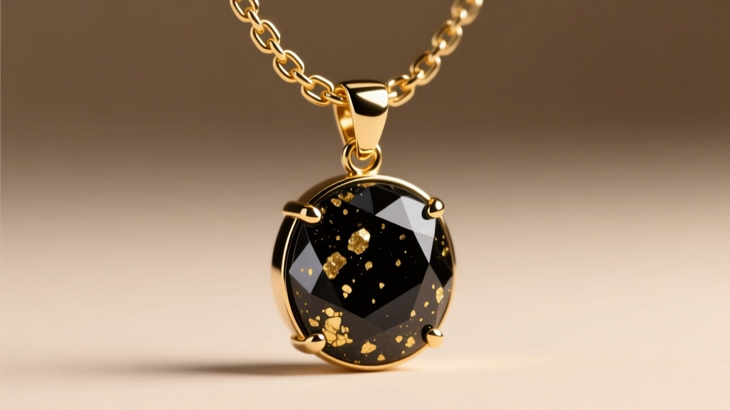 Macro shot of a 1.5mm gold box chain through the bail of a bezel-set black druzy pendant with natural gold mineral flecks