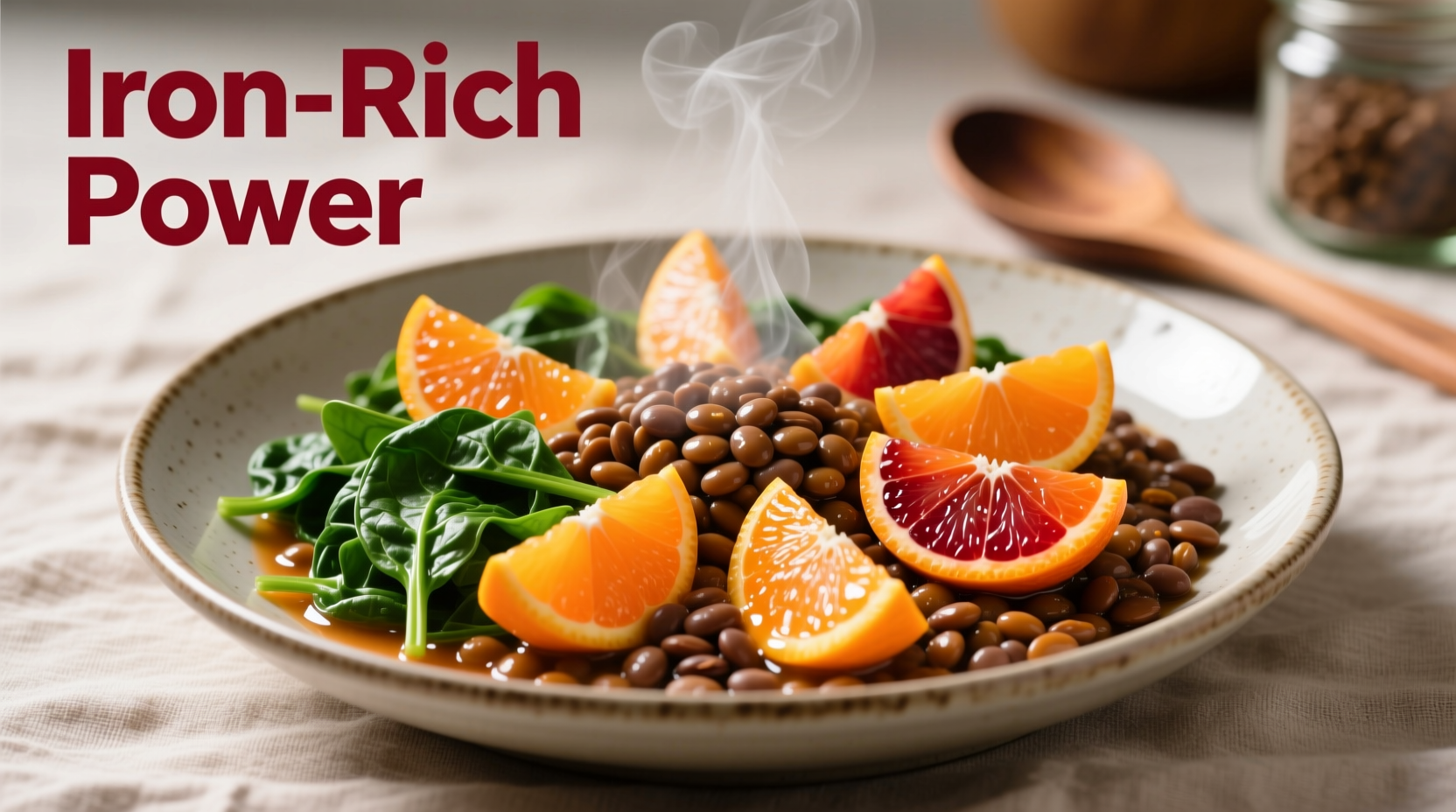 Iron-rich foods plate with spinach lentils and citrus