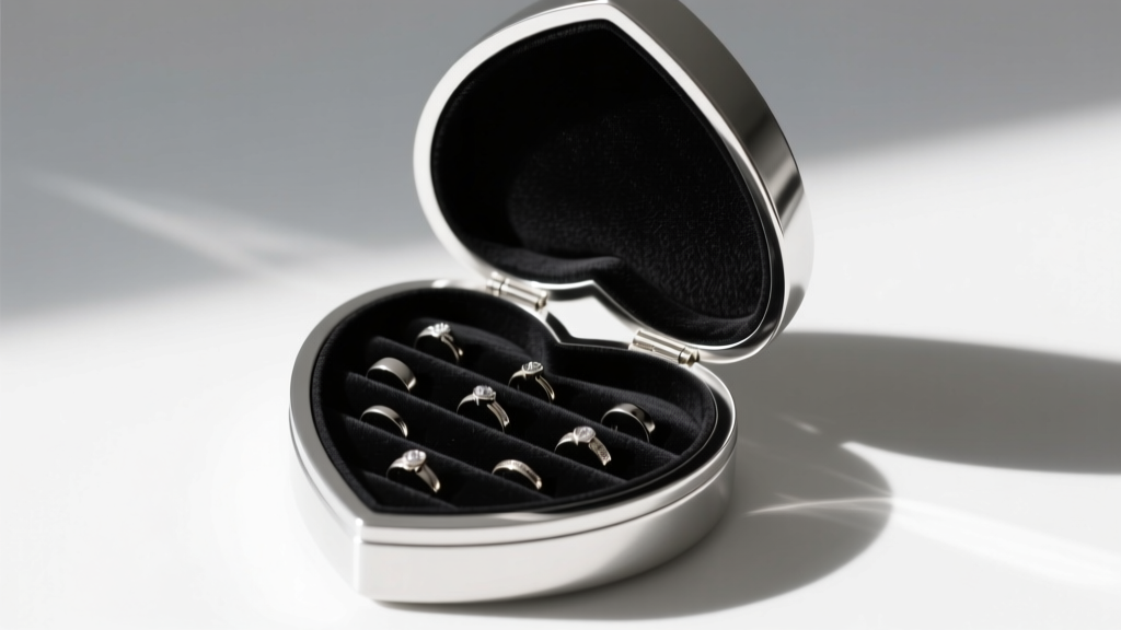 Open silver heart shaped jewelry box revealing a clean black anti-tarnish flannel interior lining and small ring compartments.