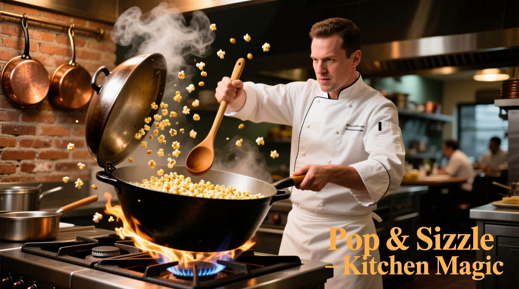 Chef shaking stovetop popcorn pot with wooden spoon
