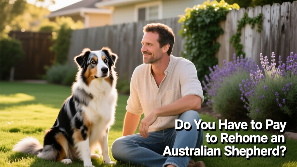 A calm, well-groomed Australian Shepherd sitting beside a person in a sunny backyard
