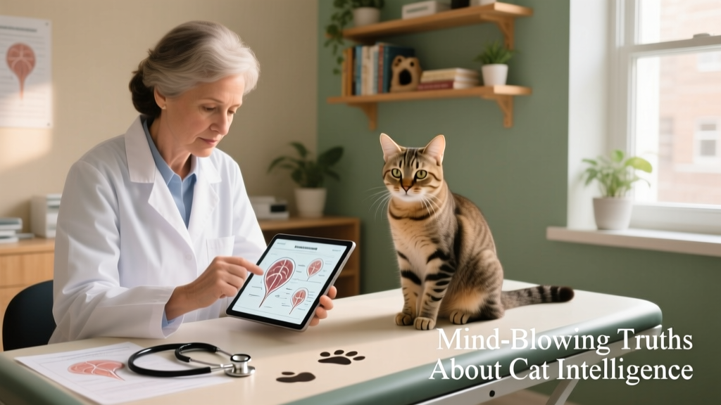 A veterinarian reviewing feline neurology diagrams alongside a calm, attentive cat on an exam table